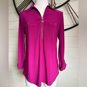 Anne Klein Magenta Half Zip Blouse w 2 Chest Pockets, Long Sleeves w Roll-Tabs